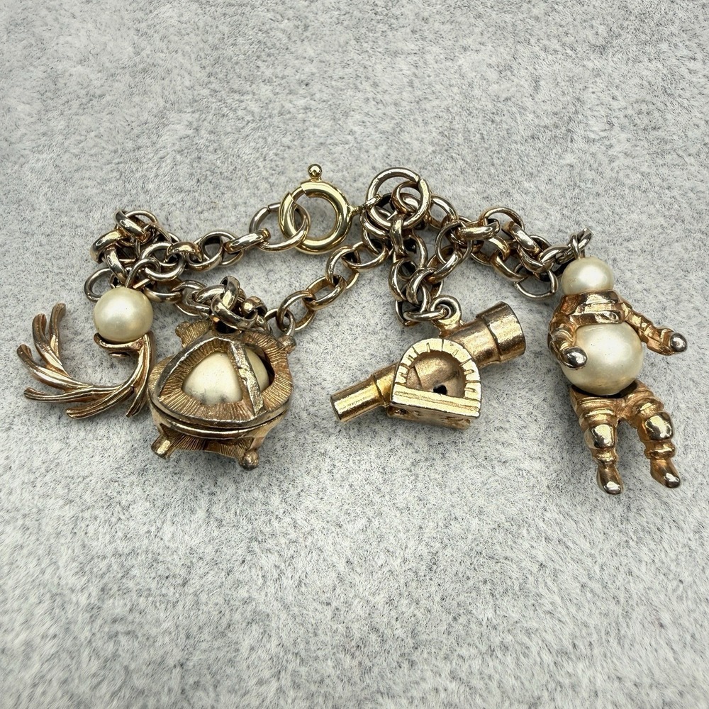 Vintage Space Age Sputnik Cosmic Charm Bracelet Gold Tone Faux Pearl 6.5" MCM